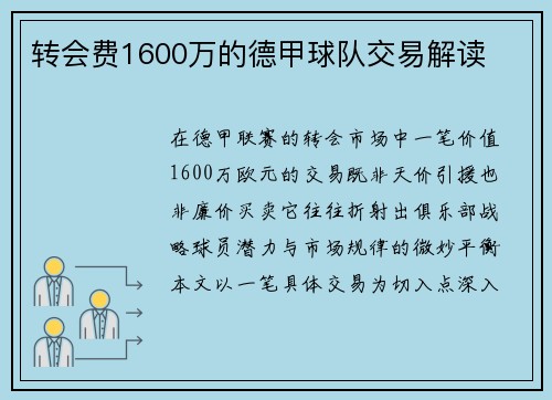 转会费1600万的德甲球队交易解读